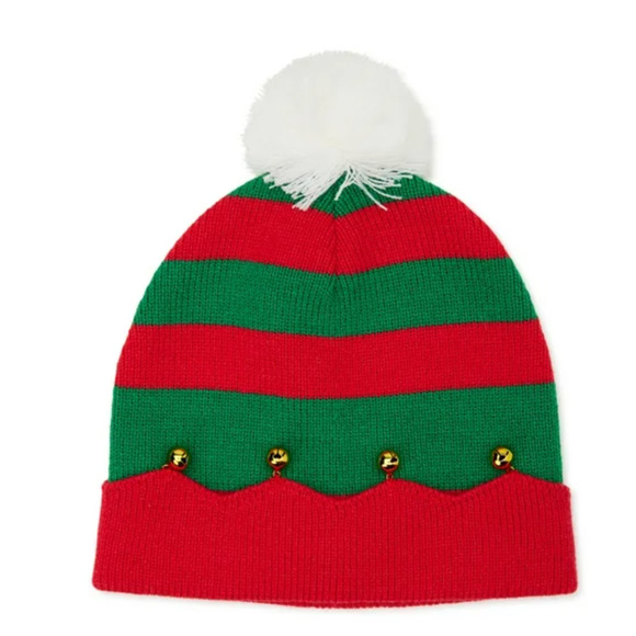 Holiday Time Women's Jingle Bell Elf Pom Pom Beanie Hat Green Red NWT - Picture 1 of 3